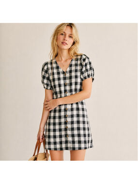 LOFT Black Gingham Linen Blend Mini Dress Sz 6 NWT